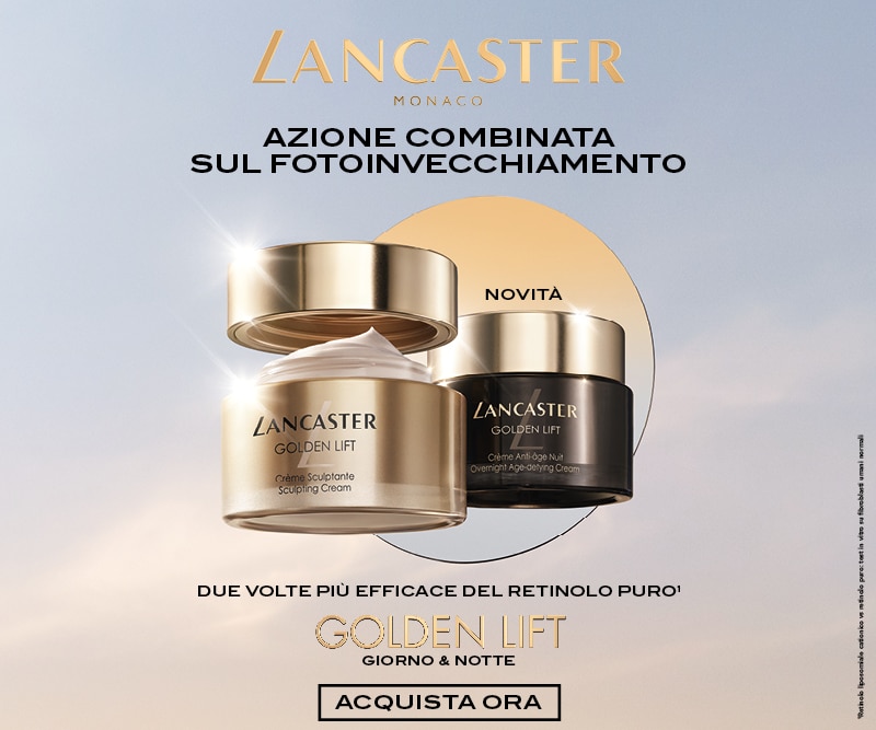 Lancaster Monaco, azione combinata sul fotoinvecchiamento, novità Golden Lift giorno e notte, due volte più efficace del retinolo puro, Acquista ora.