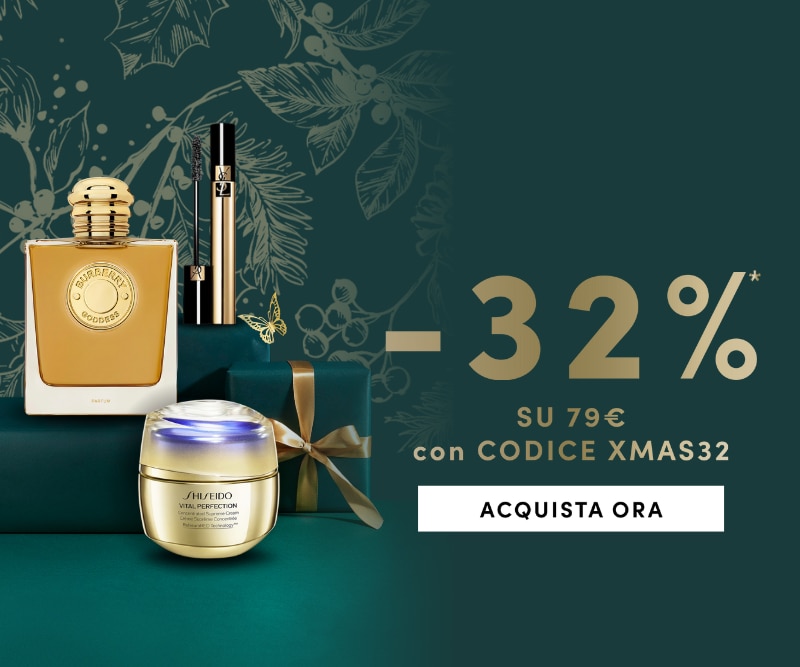 Profumo dorato, mascara elegante e crema Shiseido su sfondo verde con pacco regalo; sconto -32% su 79€ con codice XMAS32 e pulsante Acquista Ora.