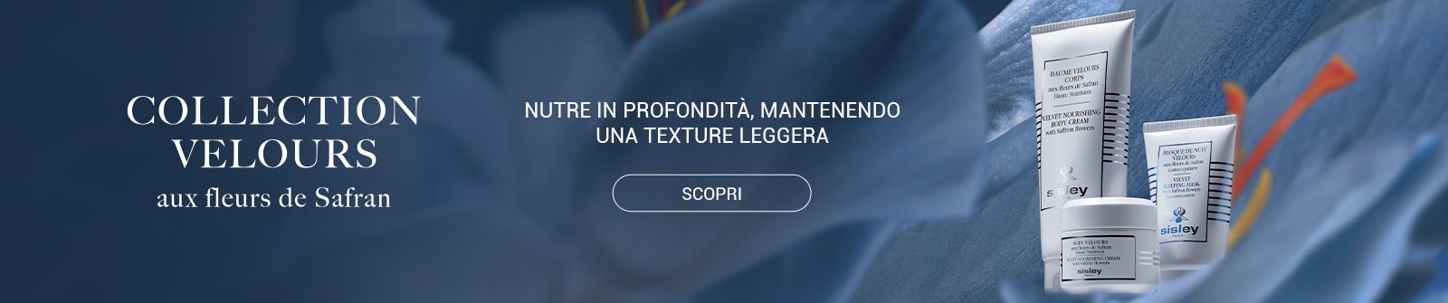 Linea Sisley Collection Velours ai fiori di zafferano con creme idratanti su sfondo blu elegante.