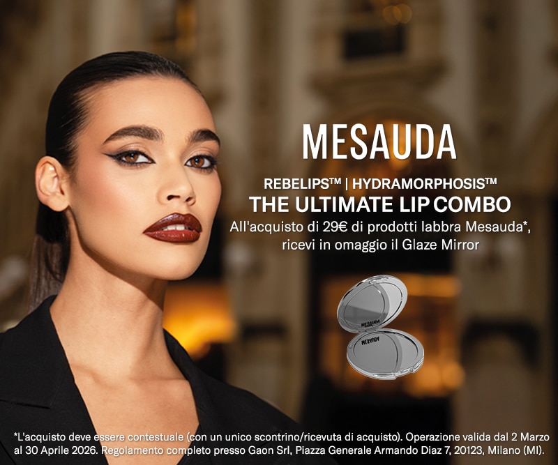 Offerta Mesauda The Ultimate Lip Combo: all’acquisto di 29€ di prodotti labbra, Glaze Mirror in omaggio, con visual del prodotto.