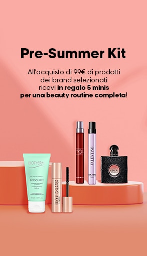 Pre-Summer Kit, con acquisto di 99€ ricevi in regalo 5 minis per una beauty routine completa, selezione skincare e profumi su fondo estivo