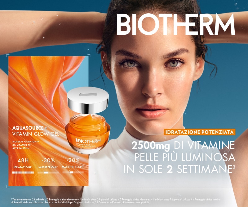 Biotherm Aquasource Vitamin Glow Gel con 2500mg di vitamine, pelle più luminosa in sole 2 settimane, flacone arancione con tappo argento su sfondo blu, testo idratazione 48h e riduzione imperfezioni.