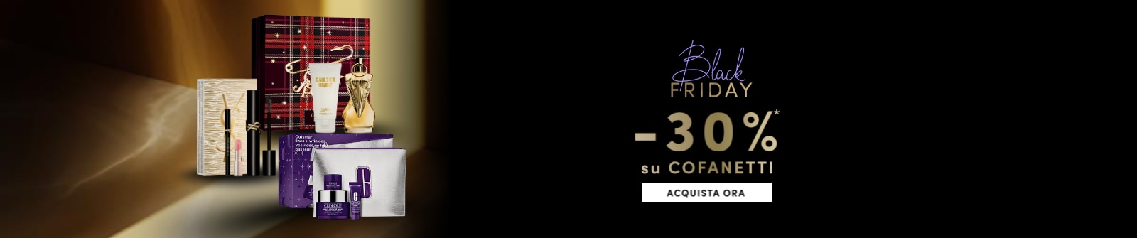 Black Friday sconto 30% su cofanetti regalo beauty, confezioni eleganti con prodotti make-up, skincare e profumi, pulsante Acquista ora su sfondo dorato.