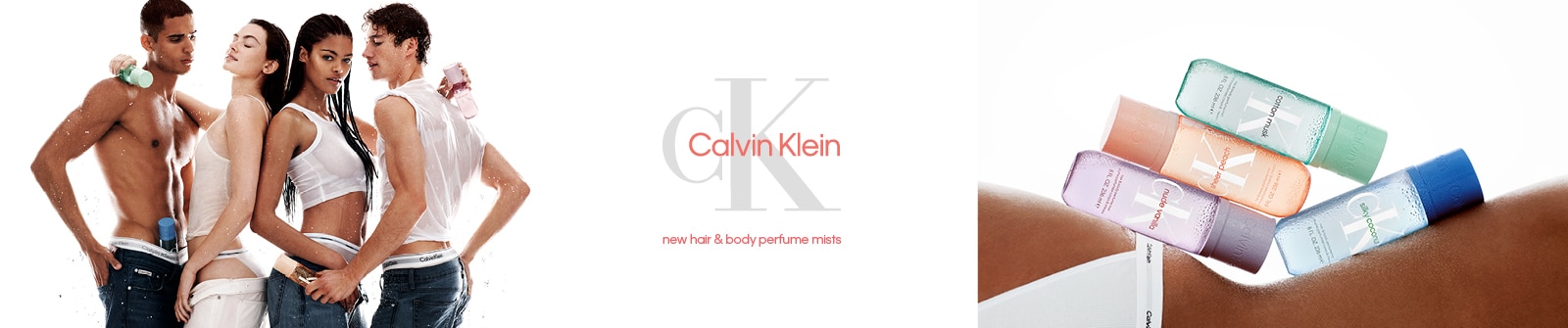 Calvin Klein hair &amp; body perfume mist con modelli in jeans e top bianchi