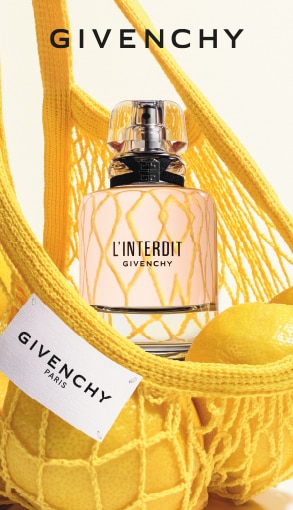 GIVENCHY L’INTERDIT GIVENCHY, profumo in flacone elegante accanto a limoni, dettagli GIVENCHY PARIS