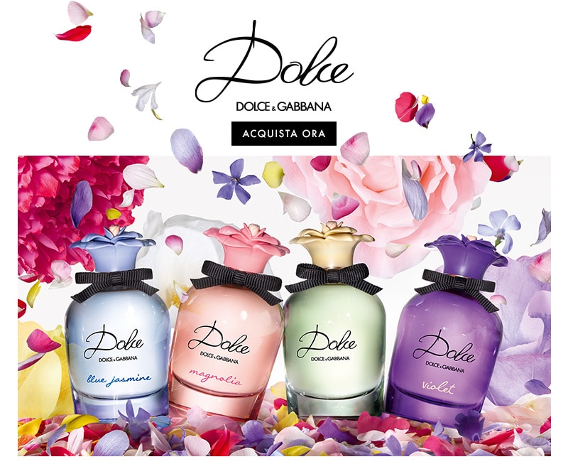 Dolce &amp; Gabbana Dolce Collection: fragranze femminili in flaconi color pastello (Light Blue, Magnolia, Garden, Violet) circondate da petali floreali, con invito all’acquisto “Acquista ora”.
