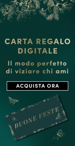 Carta regalo digitale, il modo perfetto di viziare chi ami, pulsante Acquista ora e biglietto Buone Feste su sfondo verde con decorazioni dorate.