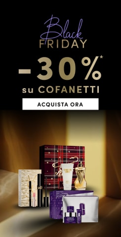 Black Friday sconto 30% su cofanetti regalo beauty, confezioni eleganti con prodotti make-up e skincare, pulsante Acquista ora su sfondo dorato.