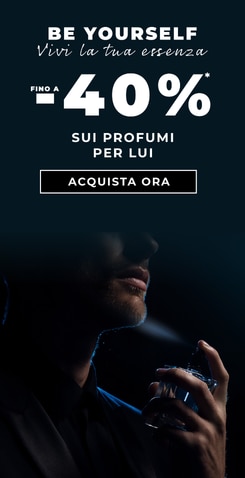 Offerta fino a -40% sui profumi per lui con testo promozionale e pulsante ‘Acquista ora’.