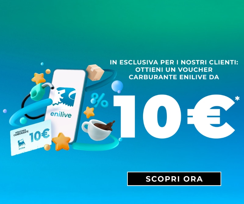 MIT2026-WK13-Enilive-HP-Banner.png Offerta esclusiva clienti con voucher carburante Enilive da 10€, grafica con smartphone e icone colorate su sfondo blu, pulsante ‘Scopri ora’.