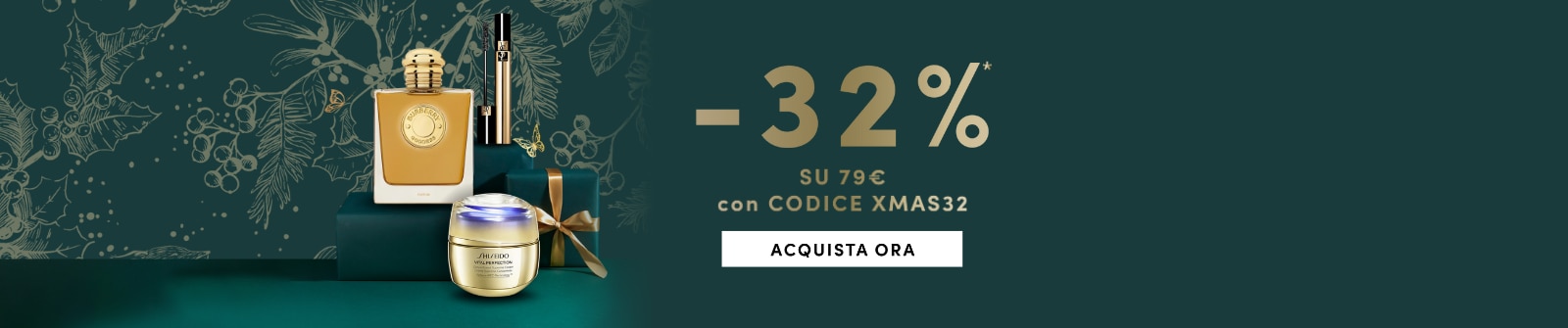 Profumo dorato, mascara elegante e crema Shiseido su sfondo verde con pacco regalo; sconto -32% su 79€ con codice XMAS32 e pulsante Acquista Ora.