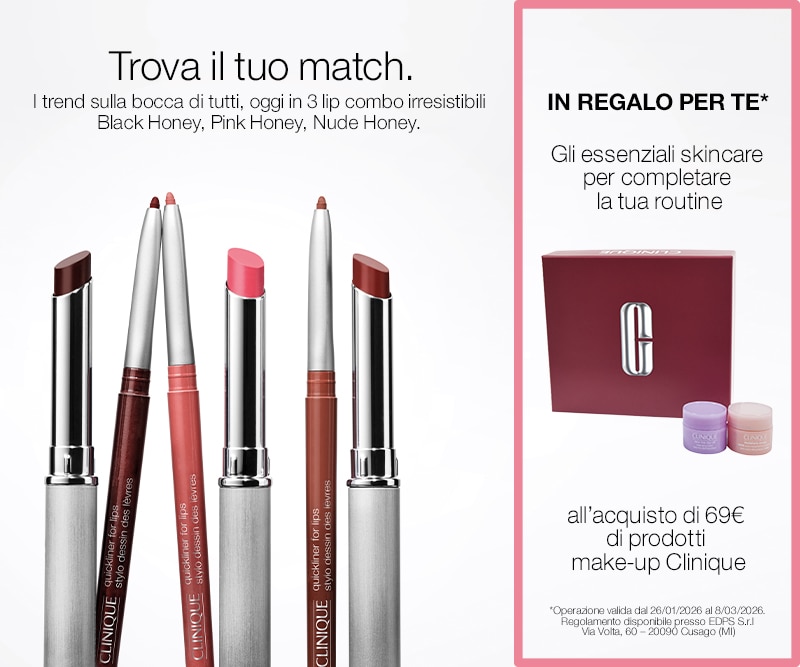 Set Clinique con tre matite labbra Black Honey, Pink Honey e Nude Honey e gift skincare omaggio con acquisto.