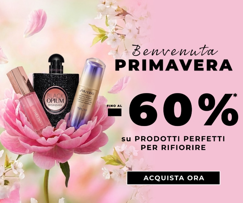 MIT2026-WK13-Occasioni-HP-Banner.png Selezione beauty primaverile con profumi e skincare su fiore rosa, testo ‘Benvenuta Primavera’ e sconti fino a −60%, con pulsante ‘Acquista ora’.