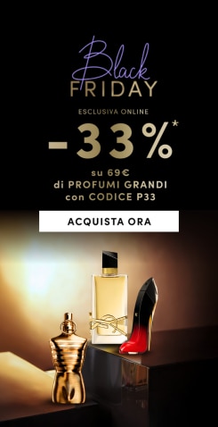 Black Friday esclusiva online sconto 33% su 69€ di profumi grandi con codice P33, pulsante Acquista ora, flaconi profumo di lusso su sfondo elegante.