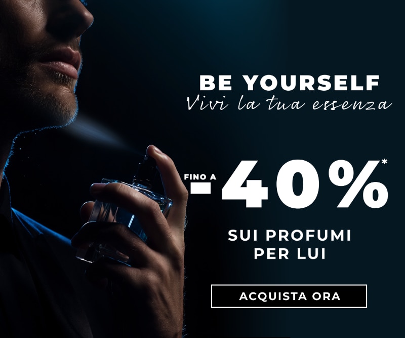 MIT2026-WK11-ProfumiPerLui-HP-Banner.png Offerta fino a -40% sui profumi per lui con testo promozionale e pulsante ‘Acquista ora’.