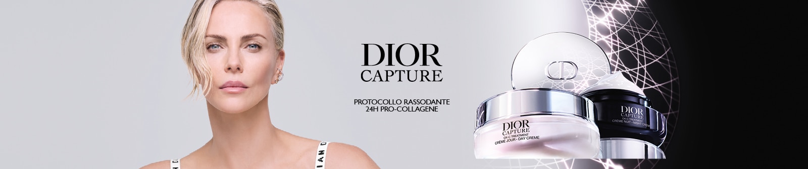 Dior Capture Pro‑Collagene con creme giorno e notte presentate su sfondo chiaro e motivi luminosi, evidenziando il protocollo rassodante 24H.