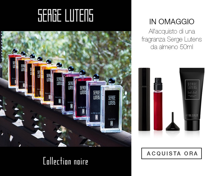 MIT2025-WK51-SergeLutens-CP-Banner.jpg Collezione Serge Lutens Collection Noire con flaconi colorati su balaustra e set regalo in omaggio, testo Acquista Ora.