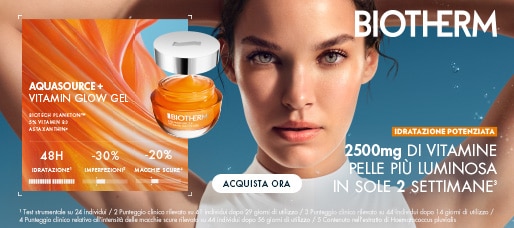 Biotherm Aquasource Vitamin Glow Gel con 2500mg di vitamine, pelle più luminosa in sole 2 settimane, flacone arancione con tappo argento su sfondo blu, testo idratazione 48h e riduzione imperfezioni.