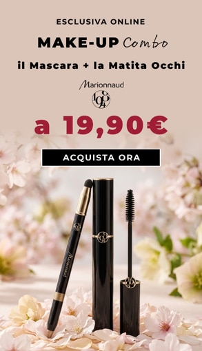 Esclusiva online Marionnaud 1984 Make‑Up Combo con mascara e matita occhi a 19,90€, prodotti disposti su decorazioni floreali e pulsante ‘Acquista ora’.
