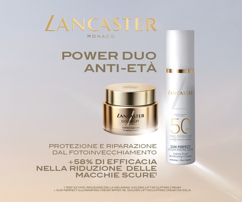 Lancaster Power Duo anti‑età Golden Lift e Sun Perfect protezione e riparazione dal fotoinvecchiamento