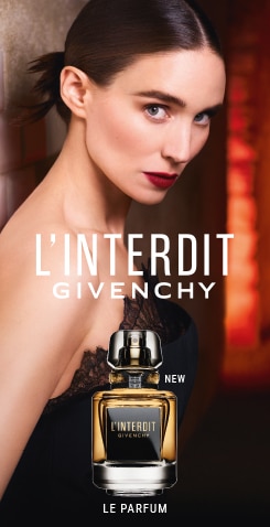 Pubblicità del profumo &apos;L&apos;Interdit Le Parfum&apos; di Givenchy con flacone in primo piano e sfondo sfocato