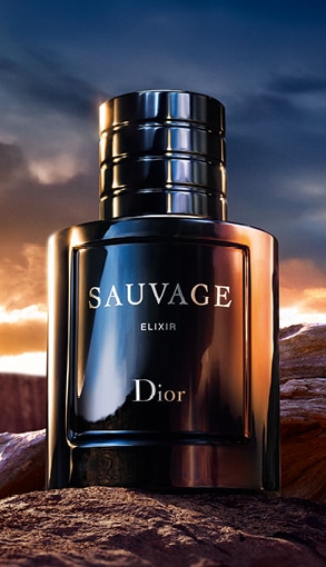 MIT2026-WK27-Dior-CP-Grid-Banner-2.jpg SAUVAGE ELIXIR DIOR, flacone profumo su sfondo roccioso al tramonto