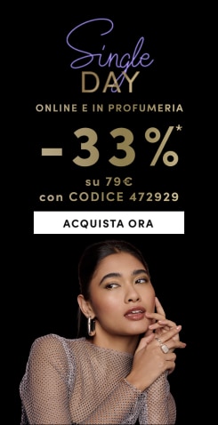 &quot;Single Day online e in profumeria sconto 33% su 79€ con codice 472929, pulsante Acquista ora su sfondo nero elegante.