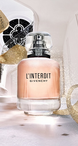 Givenchy L’Interdit profumo elegante con dettagli dorati su sfondo raffinato.