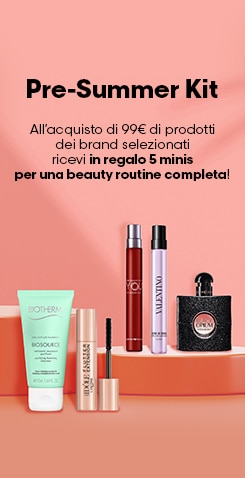 Copilot said: Pre-Summer Kit, con acquisto di 99€ ricevi in regalo 5 minis per una beauty routine completa, selezione skincare e profumi su fondo estivo