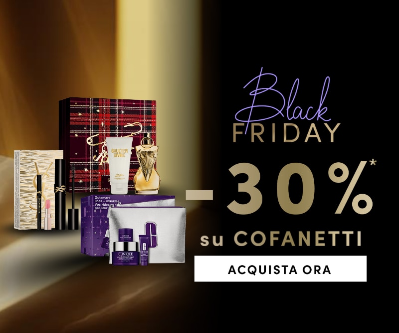 Black Friday sconto 30% su cofanetti regalo beauty, confezioni eleganti con prodotti make-up, skincare e profumi, pulsante Acquista ora su sfondo dorato.