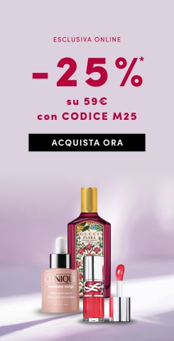Offerta online -25% su acquisti di almeno 59€ con codice M25. Prodotti beauty: siero Clinique, profumo floreale e rossetto rosso.