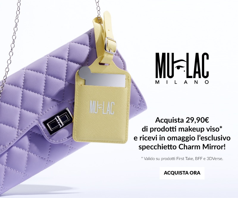 Promozione Mulac Milano: acquistando 29,90€ di prodotti make‑up viso, ricevi in omaggio lo specchietto Charm Mirror, con borsa lilla in evidenza.