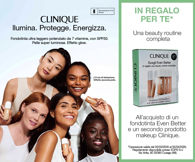 Clinique Even Better fondotinta illuminante SPF50 con beauty routine in regalo, adatto a diverse tonalità di pelle.