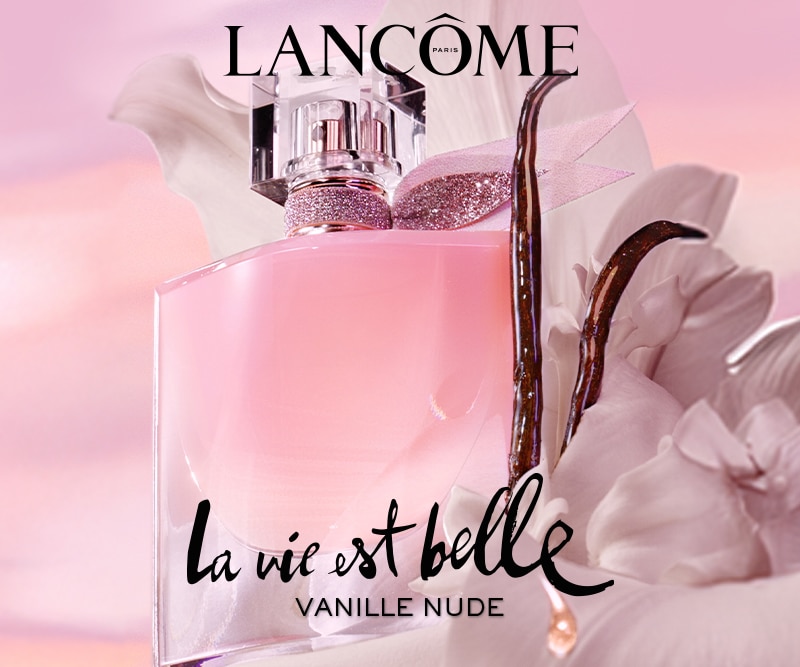 Profumo La Vie Est Belle Vanille Nude – flacone rosa con sfondo floreale