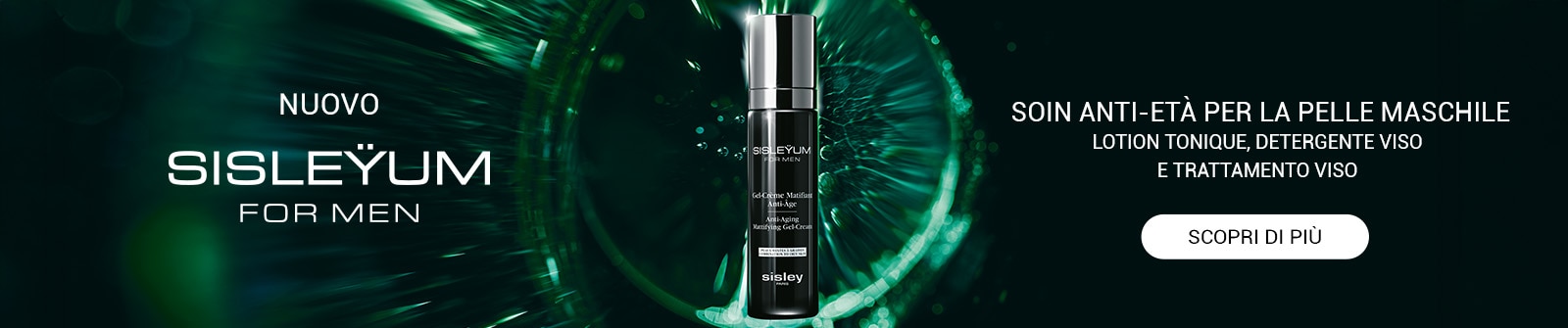 Nuovo Sisleÿum for Men crema anti-age opacizzante Sisley, flacone nero su sfondo verde con effetto dinamico, testo scopri di più.