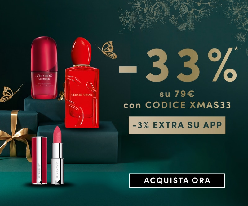 Sconto -33% su ordini da 79€ con codice XMAS33 e -3% extra su app, pulsante Acquista Ora.