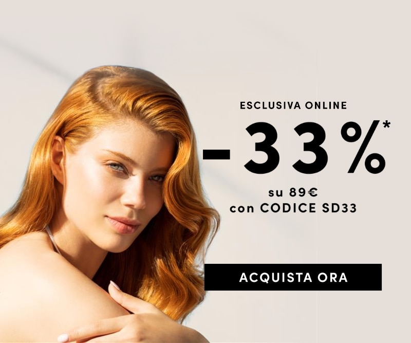 Promo esclusiva: sconto del 33% su 89€ con codice SD33 – immagine promozionale con persona dai capelli lunghi e ondulati.