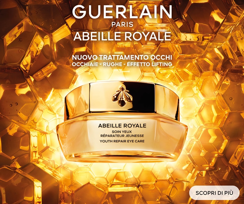 Guerlain Abeille Royale Youth Repair Eye Care presentato su sfondo dorato a nido d’ape, con focus sul nuovo trattamento occhi per occhiaie, rughe ed effetto lifting.