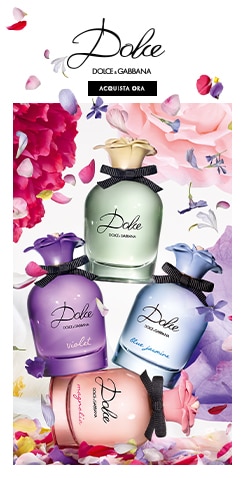 Dolce &amp; Gabbana Dolce Collection: fragranze femminili in flaconi color pastello (Light Blue, Magnolia, Garden, Violet) circondate da petali floreali, con invito all’acquisto “Acquista ora”.