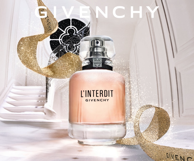 Givenchy L’Interdit, profumo elegante con dettagli dorati su sfondo raffinato, scopri di più.