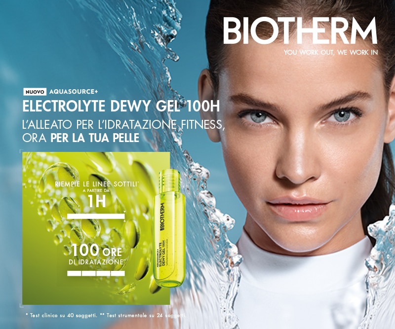 MIT2026-WK10-Biotherm-HP-Banner.jpg Biotherm Aquasource Electrolyte Dewy Gel 100H con grafica d’acqua sullo sfondo; testo che evidenzia idratazione fitness per la pelle, riempimento delle linee sottili in 1 ora e 100 ore di idratazione, con flacone verde del prodotto in primo piano.