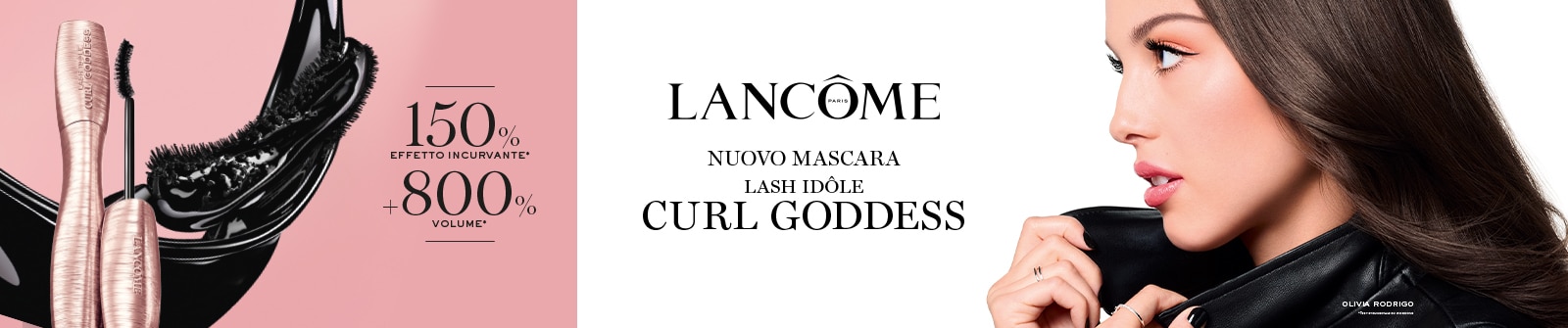Nuovo mascara Lancôme Lash Idôle Curl Goddess con scovolino curvante e packaging nero e rosa, accompagnato dai claim ‘150% effetto incurvante’ e ‘+800% volume’.