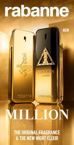 Flaconi dorati Rabanne Million e Million Elixir su sfondo oro, con testo ‘Million – The Original Fragrance &amp; The New Night Elixir’ e logo Rabanne.
