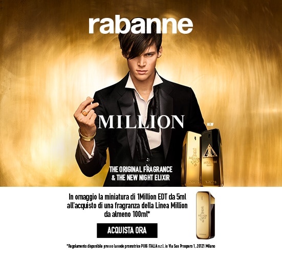 Rabanne Million con flaconi della fragranza in evidenza e testo ‘The Original Fragrance &amp; The New Night Elixir’, promozione con miniatura da 5 ml in omaggio all’acquisto.