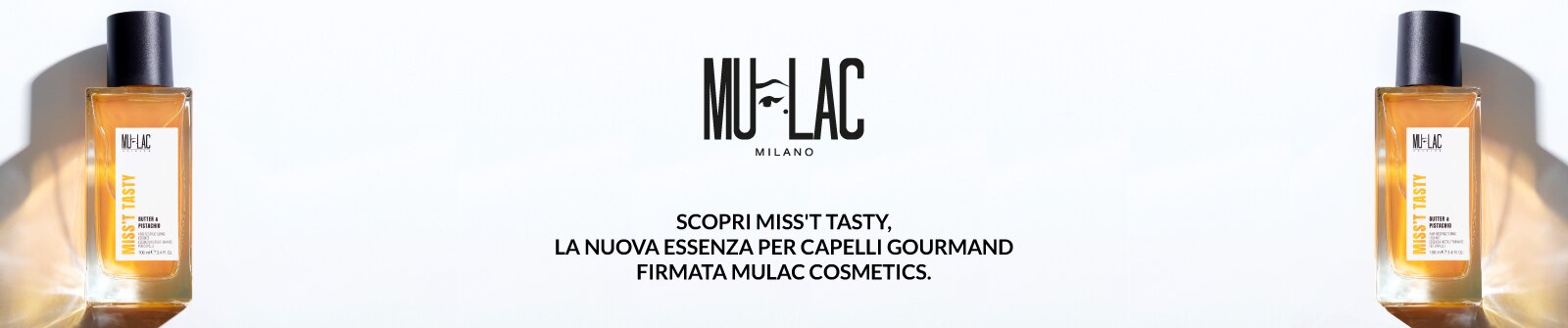 Flacone Miss&apos;t Tasty Mulac Cosmetics essenza per capelli gourmand al burro e pistacchio, testo scopri Miss&apos;t Tasty su sfondo chiaro.