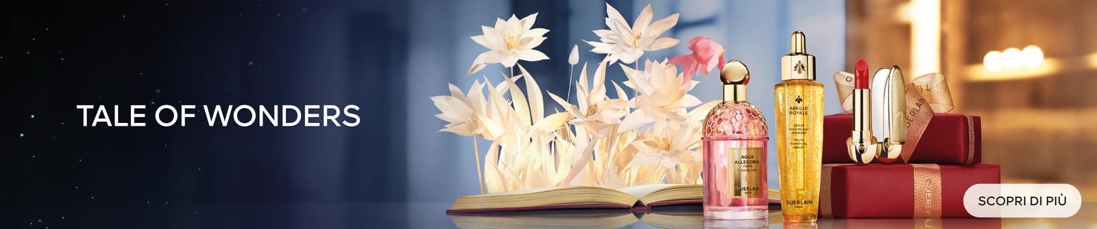 Tale of Wonders Guerlain con profumo Aqua Allegoria, siero Abeille Royale e rossetto Rouge G, confezioni regalo eleganti, scopri di più.