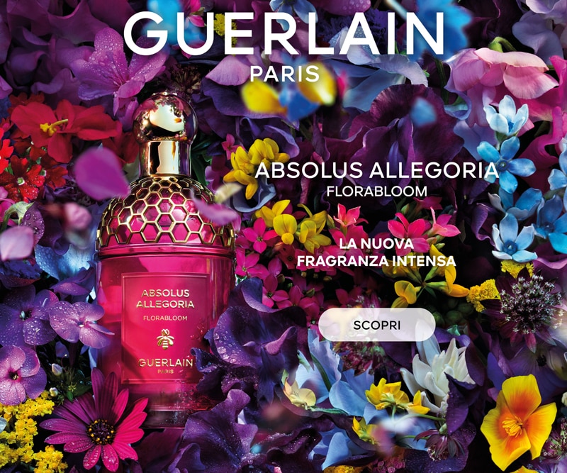 Guerlain Absolus Allegoria Florabloom – nuova fragranza intensa con flacone elegante, circondato da fiori colorati. Scopri ora