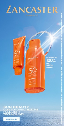LANCASTER MONACO SUN BEAUTY con fotoprotezione Full Light Technology, contrasta il 100% dello spettro solare, ricevi la pouch firmata Lancaster all’acquisto di un prodotto Lancaster, SCOPRI ORA