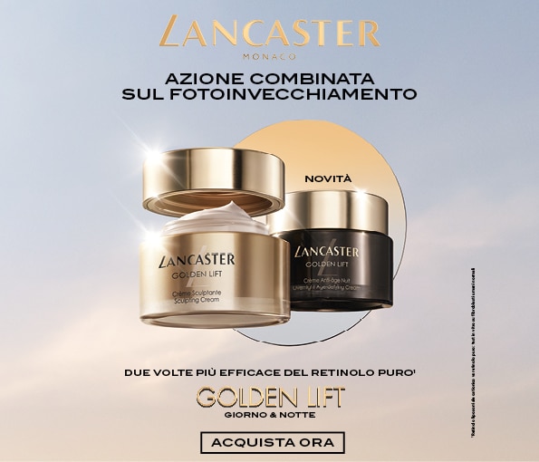 Lancaster Monaco, azione combinata sul fotoinvecchiamento, novità Golden Lift giorno e notte, due volte più efficace del retinolo puro, Acquista ora