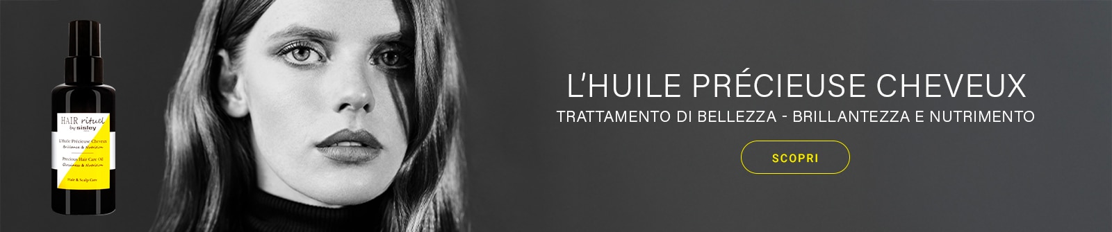 Olio prezioso per capelli Hair Rituel by Sisley per brillantezza e nutrimento su sfondo scuro.